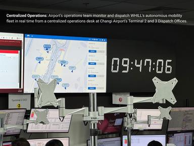 Zentrale Leitstelle am Flughafen Changi zur Echtzeit-Koordination der autonomen WHILL Rollstühle in den Terminals 2 und 3.
