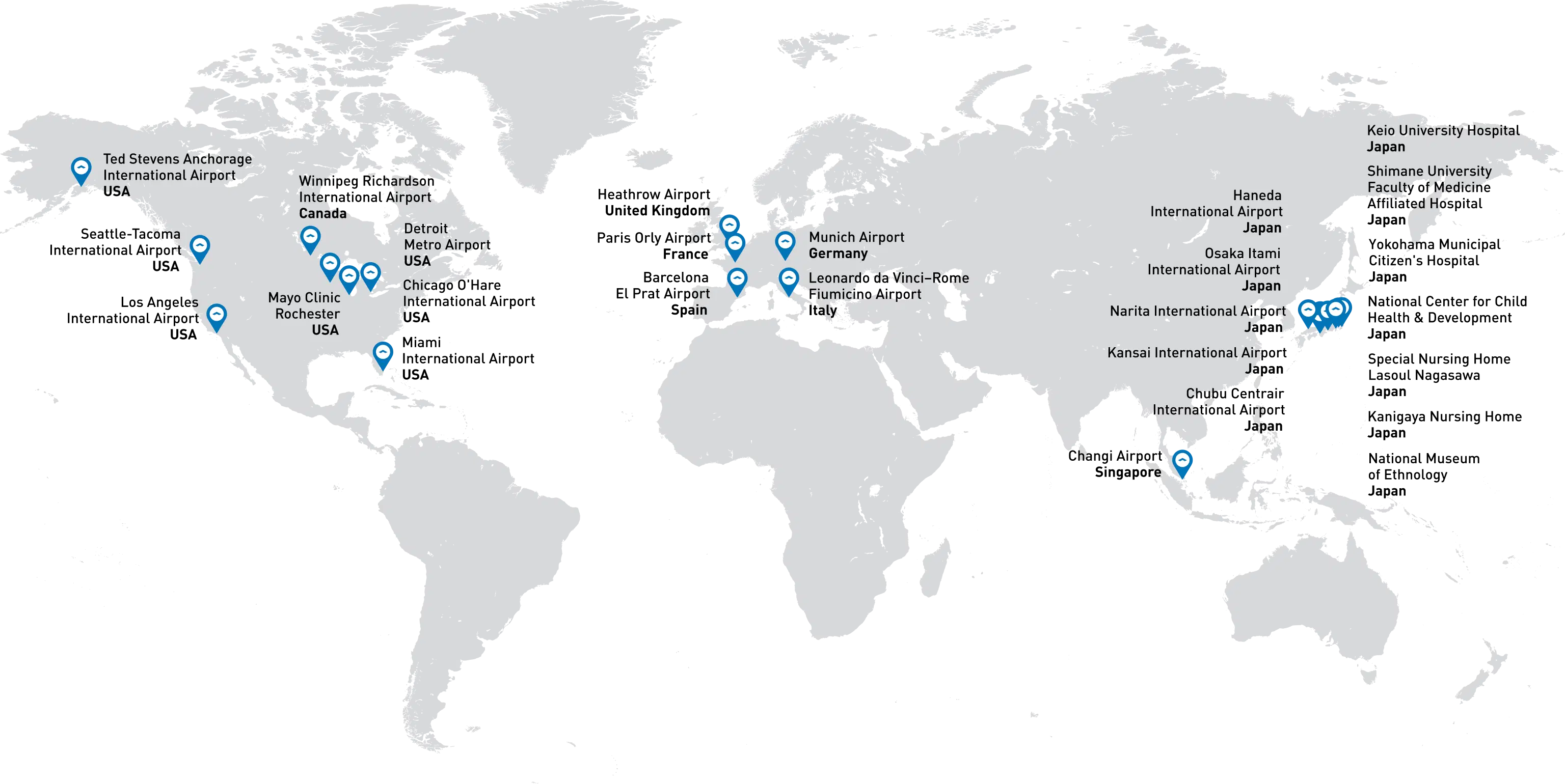 Map of WHILL autonomous drive service deployment locations